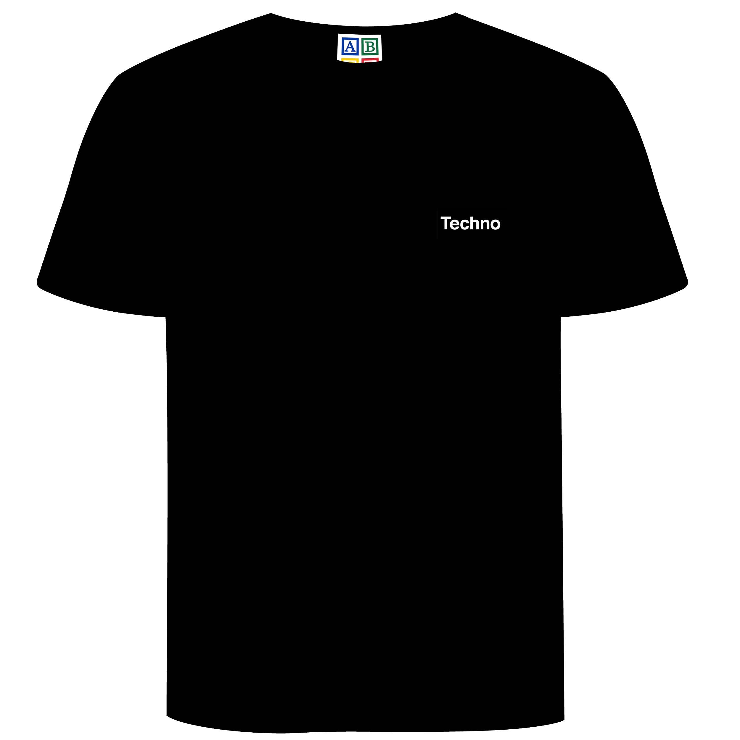 ABCD GIFT SHOP - definition tee front view in black with 'Techno' design