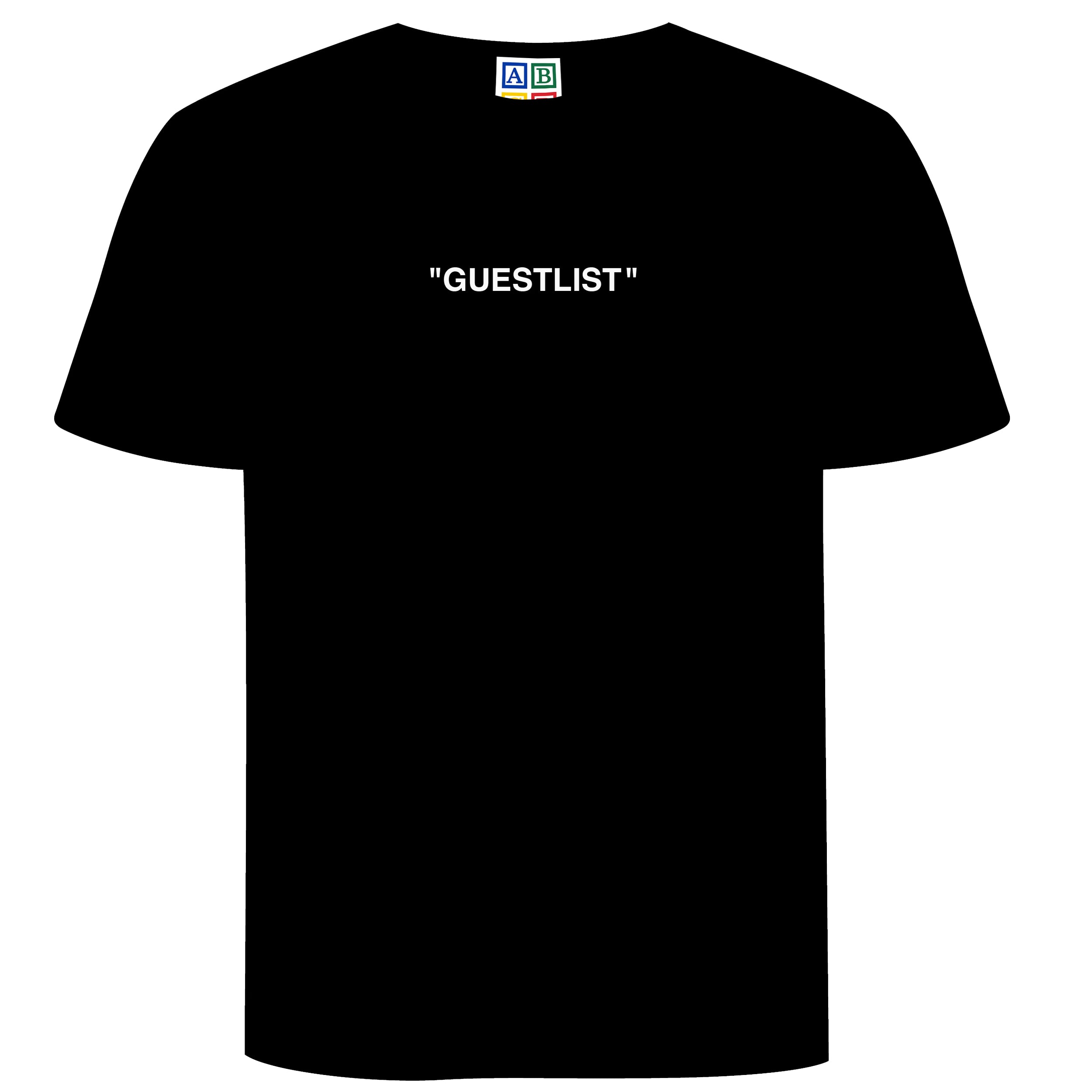 ABCD GIFT SHOP - guestlist tee front view in black with 'Guestlist' design