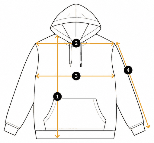 Hoodie laid flat with the four measurements marked