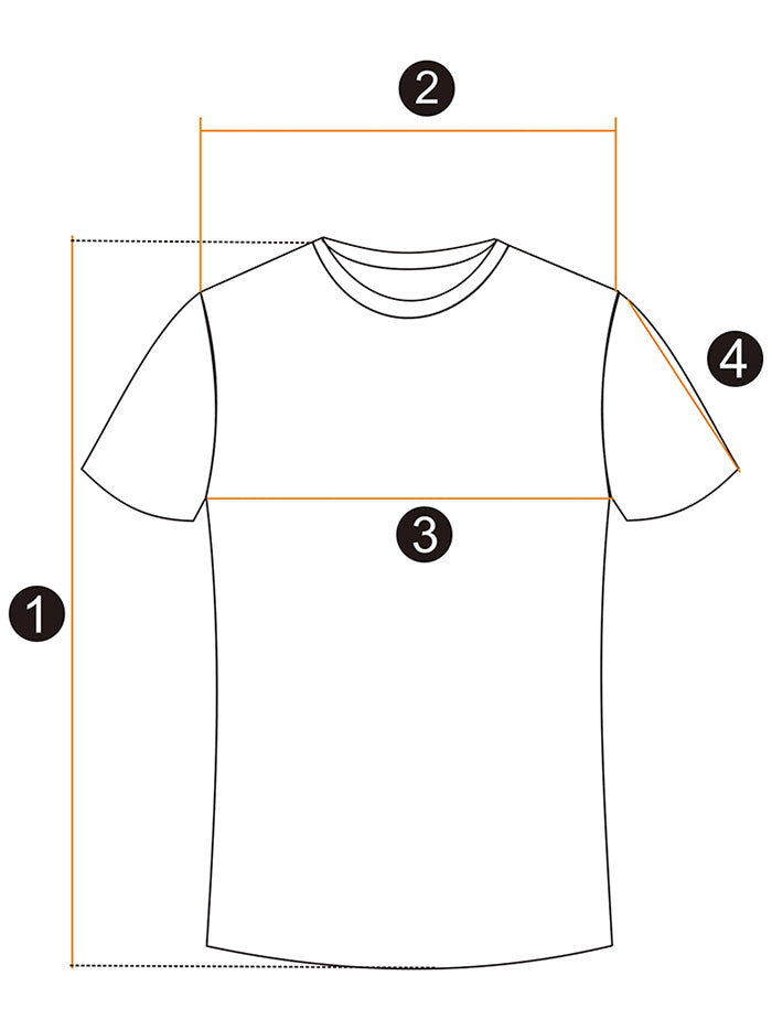 T-shirt laid flat with the four measurements marked